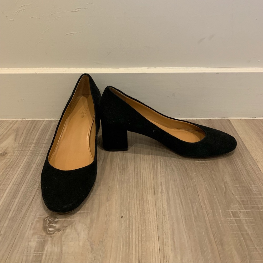 jcrew black suede block heeled pumps